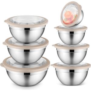 E-far Mixing Bowls Set of 7, Stainless Steel Mixing Bowls with Airtight Clear Lids, Metal Nesting Bowls for Kitchen Prep, Baking, Serving, Dishwasher Safe, Size 4.6, 3.5, 3, 2, 1.5, 1, 0.7QT, Black(Khaki)