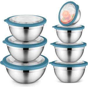 E-far Mixing Bowls Set of 7, Stainless Steel Mixing Bowls with Airtight Clear Lids, Metal Nesting Bowls for Kitchen Prep, Baking, Serving, Dishwasher Safe, Size 4.6, 3.5, 3, 2, 1.5, 1, 0.7QT, Black(Blue)