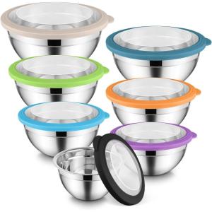 E-far Mixing Bowls Set of 7, Stainless Steel Mixing Bowls with Airtight Clear Lids, Metal Nesting Bowls for Kitchen Prep, Baking, Serving, Dishwasher Safe, Size 4.6, 3.5, 3, 2, 1.5, 1, 0.7QT, Black(Multicolor)