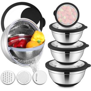 E-far Mixing Bowls with Lids Set, 15PCS Stainless Steel Mixing Nesting Bowl with Colander & 3 Metal Grater for Kitchen Prep/Baking/Storage, Non-Slip Bottom & Airtight Lid, 4.6, 3, 1.5, 1, 0.7QT, Khaki(Black)