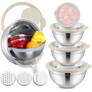 E-far Mixing Bowls with Lids Set, 15PCS Stainless Steel Mixing Nesting Bowl with Colander & 3 Metal Grater for Kitchen Prep/Baking/Storage, Non-Slip Bottom & Airtight Lid, 4.6, 3, 1.5, 1, 0.7QT, Khaki(Khaki)