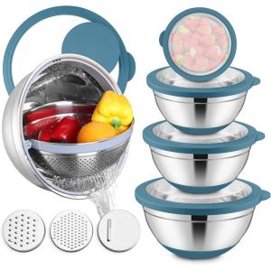 E-far Mixing Bowls with Lids Set, 15PCS Stainless Steel Mixing Nesting Bowl with Colander & 3 Metal Grater for Kitchen Prep/Baking/Storage, Non-Slip Bottom & Airtight Lid, 4.6, 3, 1.5, 1, 0.7QT, Khaki(Blue)