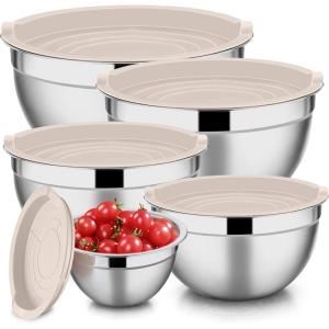 E-far Mixing Bowls with Lids Set of 5, Stainless Steel Mixing Bowls Metal Nesting Bowls with Airtight Lids, Non-toxic & Dishwasher Safe, Great for Cooking, Baking, Serving – Size 0.7/1/1.5/3/4.6QT(Khaki)
