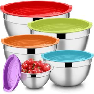 E-far Mixing Bowls with Lids Set of 5, Stainless Steel Mixing Bowls Metal Nesting Bowls with Airtight Lids, Non-toxic & Dishwasher Safe, Great for Cooking, Baking, Serving – Size 0.7/1/1.5/3/4.6QT(Colorful)