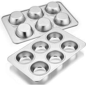 E-far Muffin Pan Set of 2, Stainless Steel Muffin Pan Tin for Baking, 6-Cup Metal Cupcake Pan Tray, Non-toxic & Healthy, Oven & Dishwasher Safe, Regular Size – 11.44 x 7.12 x 1.25 Inch(2)