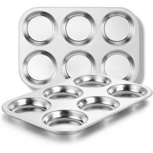 E-far Muffin Top Pan Set of 2, Stainless Steel 6-Cavity Shallow Cupcake Pan for Baking Whoopie Pie, Yorkshire Pudding, Eggs, Cornbread, Drop Cookies, Non-toxic & Standard Size, Oven & Dishwasher Safe(2)