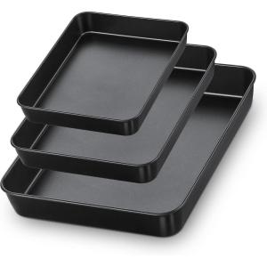 E-far Nonstick Baking Pans Set of 3, Rectangle Stainless Steel Sheet Cake Pan for Toaster Oven, 12.5/10.5/9.4 Inch, Black Bakeware for Brownie Lasagna Casserole Cake, Non-toxic & Healthy, 2 inch Deep
