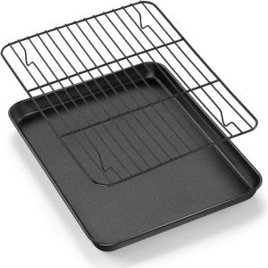 E-far Nonstick Baking Sheet with Rack Set, 16 x 12 x 1 Inch Cookie Sheet Baking Pan with Cooling Rack for Oven, Commercial Grade & Non-Toxic, Easy to Clean(12.5 x 9.5 inch)
