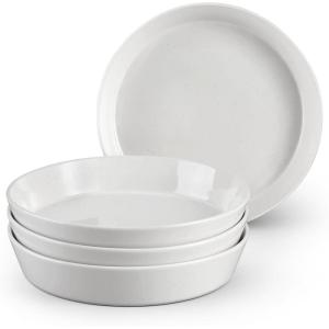 E-far Pasta Bowls, 34oz Stoneware Bowl Plate for Dinner Serving Soup Salad, Wide & Shallow Large Ceramic Pasta Plate Set of 4, Microwave & Dishwasher Safe, Speckled White, 8.7”(Speckled White)