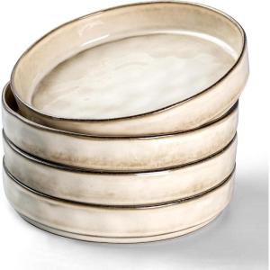E-far Pasta Bowls Set of 4, 35oz Large Salad Bowls for Serving, Wide and Shallow Ceramic Plates for Kitchen, Double Reactive Glaze, Microwave and Dishwasher Safe, Seashell White(Khaki)