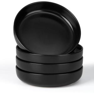 E-far Pasta Bowls Set of 4, 35oz Large Salad Bowls for Serving, Wide and Shallow Ceramic Plates for Kitchen, Double Reactive Glaze, Microwave and Dishwasher Safe, Seashell White(Matte Black)