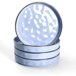 E-far Pasta Bowls Set of 4, 35oz Large Salad Bowls for Serving, Wide and Shallow Ceramic Plates for Kitchen, Double Reactive Glaze, Microwave and Dishwasher Safe, Seashell White(Blue)