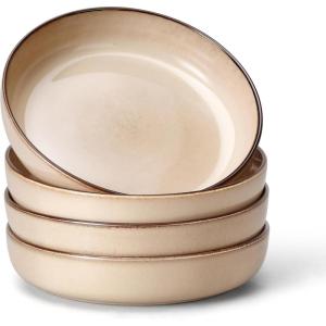 E-far Pasta Bowls Set of 4, 35oz Large Salad Bowls for Serving, Wide and Shallow Ceramic Plates for Kitchen, Double Reactive Glaze, Microwave and Dishwasher Safe, Seashell White(Sandy Khaki)