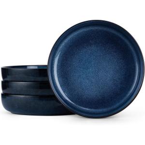 E-far Pasta Bowls Set of 4, 35oz Large Salad Bowls for Serving, Wide and Shallow Ceramic Plates for Kitchen, Double Reactive Glaze, Microwave and Dishwasher Safe, Seashell White(Deep Sea Blue)
