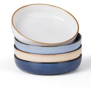 E-far Pasta Bowls Set of 4, 35oz Large Salad Bowls for Serving, Wide and Shallow Ceramic Plates for Kitchen, Double Reactive Glaze, Microwave and Dishwasher Safe, Seashell White(Multicolor)