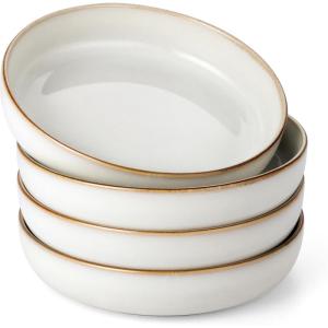 E-far Pasta Bowls Set of 4, 35oz Large Salad Bowls for Serving, Wide and Shallow Ceramic Plates for Kitchen, Double Reactive Glaze, Microwave and Dishwasher Safe, Seashell White(Seashell White)