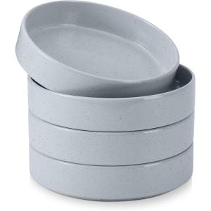 E-far Pasta Bowls Set of 4-35oz Shallow Ceramic Bowl Plates for Serving Dinner, Soup & Salad | Stoneware Pasta Plates | Microwave & Dishwasher Safe | Matte Black(Haze Gray)