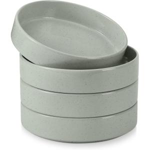 E-far Pasta Bowls Set of 4-35oz Shallow Ceramic Bowl Plates for Serving Dinner, Soup & Salad | Stoneware Pasta Plates | Microwave & Dishwasher Safe | Matte Black(Mist Green)