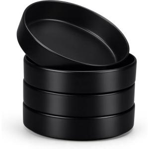 E-far Pasta Bowls Set of 4-35oz Shallow Ceramic Bowl Plates for Serving Dinner, Soup & Salad | Stoneware Pasta Plates | Microwave & Dishwasher Safe | Matte Black(Matte Black)