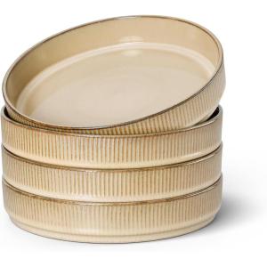E-far Pasta Bowls Set of 6, 35oz Large Salad Bowl Plate for Dinner Serving Soup, Wide & Shallow Ceramic Stoneware Pasta Plates, Microwave & Dishwasher Safe, Textured Stripes & Speckled White, 8”(Caramel Khaki)