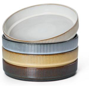 E-far Pasta Bowls Set of 6, 35oz Large Salad Bowl Plate for Dinner Serving Soup, Wide & Shallow Ceramic Stoneware Pasta Plates, Microwave & Dishwasher Safe, Textured Stripes & Speckled White, 8”(Multicolor)