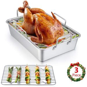 E-far Roasting Pan, 16 x 11.5 Inch Stainless Steel Turkey Roaster with V-shaped & Flat Rack, Non-toxic & Heavy Duty Deep Broiling Pan, Dishwasher Safe – Large(Silver)