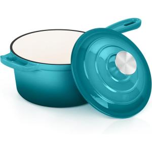 E-far Sauce Pan Set with Lid, 1Qt & 2Qt Enameled Cast Iron Pot Sets for Kitchen Cooking, Small Heavy Duty Dutch Oven Saucepans & Self-basting Lids, Induction-Ready & Easy Clean, White(Peacock Green)