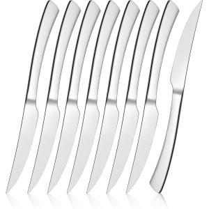 E-far Serrated Steak Knives Set of 12, Stainless Steel Dinner Knife for Home Kitchen Restaurant, 9 Inch Table Knife with Ergonomic Handle and Sharp Tip & Blade, Mirror Silver & Dishwasher Safe(8)
