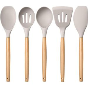 E-far Silicone Cooking Utensils Set, 10-Piece Heat Resistant Kitchen Utensils Set with Wooden Handle for Nonstick Cookware, Kitchen Nonstick Tools Spatula Whisk Tongs Ladle, Non-toxic & Healthy(Khaki)(Khaki)