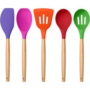 E-far Silicone Cooking Utensils Set, 10-Piece Heat Resistant Kitchen Utensils Set with Wooden Handle for Nonstick Cookware, Kitchen Nonstick Tools Spatula Whisk Tongs Ladle, Non-toxic & Healthy(Khaki)(Multicolor)