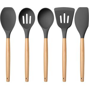 E-far Silicone Cooking Utensils Set, 10-Piece Heat Resistant Kitchen Utensils Set with Wooden Handle for Nonstick Cookware, Kitchen Nonstick Tools Spatula Whisk Tongs Ladle, Non-toxic & Healthy(Khaki)(Gray)