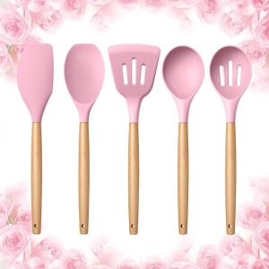 E-far Silicone Cooking Utensils Set, 10-Piece Heat Resistant Kitchen Utensils Set with Wooden Handle for Nonstick Cookware, Kitchen Nonstick Tools Spatula Whisk Tongs Ladle, Non-toxic & Healthy(Khaki)(Pink)