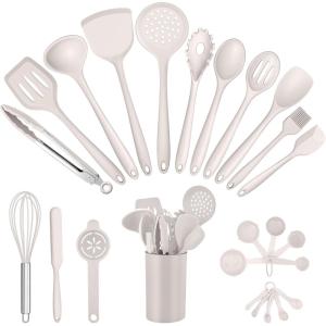 E-far Silicone Cooking Utensils Set, 25 Piece Kitchen Utensils with Holder, Non Toxic Kitchen Tools Spatula, Turner, Spoon, Ladle for Nonstick Cookware, Heat Resistant & Dishwasher Safe – Black(Khaki)