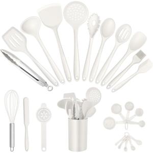 E-far Silicone Cooking Utensils Set, 25 Piece Kitchen Utensils with Holder, Non Toxic Kitchen Tools Spatula, Turner, Spoon, Ladle for Nonstick Cookware, Heat Resistant & Dishwasher Safe – Black(White)