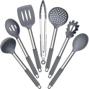 E-far Silicone Cooking Utensils Set, 7 Pcs Heat Resistant Kitchen Utensils with Stainless Steel Handle, Slotted Turner, Spoon, Soup Ladle, Pasta Server, Skimmer, Tongs for Nonstick Cookware, Black(Gray)