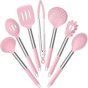 E-far Silicone Cooking Utensils Set, 7 Pcs Heat Resistant Kitchen Utensils with Stainless Steel Handle, Slotted Turner, Spoon, Soup Ladle, Pasta Server, Skimmer, Tongs for Nonstick Cookware, Black(Pink)