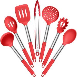 E-far Silicone Cooking Utensils Set, 7 Pcs Heat Resistant Kitchen Utensils with Stainless Steel Handle, Slotted Turner, Spoon, Soup Ladle, Pasta Server, Skimmer, Tongs for Nonstick Cookware, Black(Red)