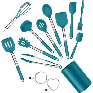 E-far Silicone Cooking Utensils Set, 7 Pcs Heat Resistant Kitchen Utensils with Stainless Steel Handle, Slotted Turner, Spoon, Soup Ladle, Pasta Server, Skimmer, Tongs for Nonstick Cookware, Black(Blue)