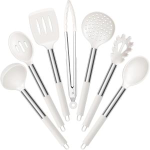 E-far Silicone Cooking Utensils Set, 7 Pcs Heat Resistant Kitchen Utensils with Stainless Steel Handle, Slotted Turner, Spoon, Soup Ladle, Pasta Server, Skimmer, Tongs for Nonstick Cookware, Black(White)