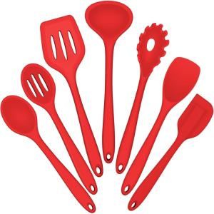 E-far Silicone Cooking Utensils Set, 7-Piece Black Heat Resistant Kitchen Utensils Set, Kitchen Nonstick Tools Spatula Ladle Spoon Pasta Server for Non-stick Cookware, Non-Toxic & Dishwasher safe(Red)