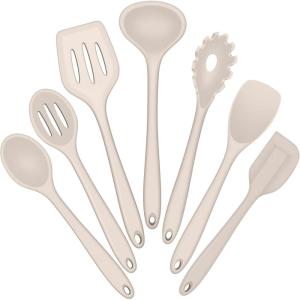 E-far Silicone Cooking Utensils Set, 7-Piece Black Heat Resistant Kitchen Utensils Set, Kitchen Nonstick Tools Spatula Ladle Spoon Pasta Server for Non-stick Cookware, Non-Toxic & Dishwasher safe(Khaki)