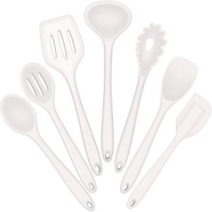 E-far Silicone Cooking Utensils Set, 7-Piece Black Heat Resistant Kitchen Utensils Set, Kitchen Nonstick Tools Spatula Ladle Spoon Pasta Server for Non-stick Cookware, Non-Toxic & Dishwasher safe(White)