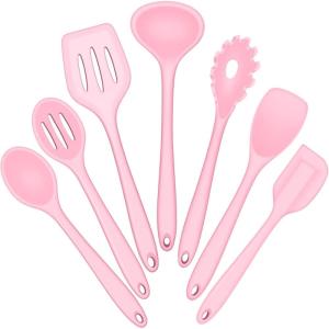 E-far Silicone Cooking Utensils Set, 7-Piece Black Heat Resistant Kitchen Utensils Set, Kitchen Nonstick Tools Spatula Ladle Spoon Pasta Server for Non-stick Cookware, Non-Toxic & Dishwasher safe(Pink)