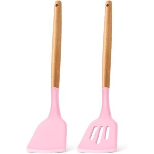E-far Silicone Spatula Turner, 2 Pack Heat Resistant Kitchen Spatulas for Nonstick Cookware, Rubber Solid Slotted Spatula Cooking Utensils for Fish, Eggs, Pancakes (Black)(Pink)