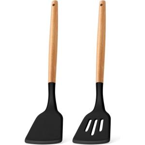 E-far Silicone Spatula Turner, 2 Pack Heat Resistant Kitchen Spatulas for Nonstick Cookware, Rubber Solid Slotted Spatula Cooking Utensils for Fish, Eggs, Pancakes (Black)(Black)
