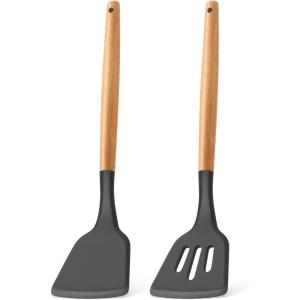 E-far Silicone Spatula Turner, 2 Pack Heat Resistant Kitchen Spatulas for Nonstick Cookware, Rubber Solid Slotted Spatula Cooking Utensils for Fish, Eggs, Pancakes (Black)(Gray)