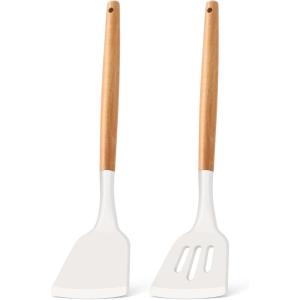 E-far Silicone Spatula Turner, 2 Pack Heat Resistant Kitchen Spatulas for Nonstick Cookware, Rubber Solid Slotted Spatula Cooking Utensils for Fish, Eggs, Pancakes (Black)(White)