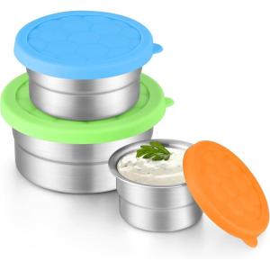 E-far Snack Containers with Lid Set of 3 (3, 6, 12.9oz), Stainless Steel Food Container for Kids Toddlers Adults, Round Metal Reusable Food Storage Box for Daycare School, Leak Proof & Stackable(Green  Blue  Orange)