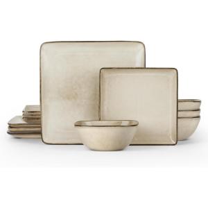 E-far Square Plates and Bowls Sets, 12-Piece Stoneware Dinnerware Sets for 4, Reactive Glaze Dish Set, Chip and Scratch Resistant, Microwave and Dishwasher Safe, Deep Sea Blue(Sandy Beige)
