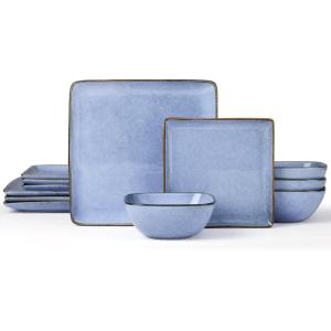 E-far Square Plates and Bowls Sets, 12-Piece Stoneware Dinnerware Sets for 4, Reactive Glaze Dish Set, Chip and Scratch Resistant, Microwave and Dishwasher Safe, Deep Sea Blue(Ocean Blue)